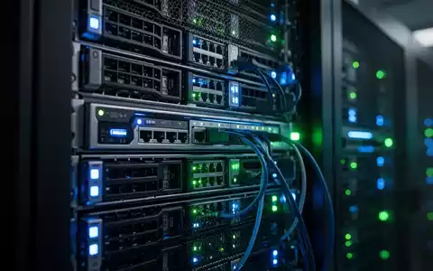 Moderne Unternehmensserver-Racks mit blinkenden Statusleuchten in einem Rechenzentrum, die IT-Infrastruktur darstellen. - Foto: über boerse-global.de