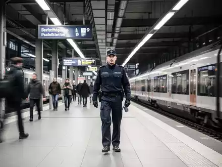 Ein Sicherheitsmitarbeiter der Deutschen Bahn patrouilliert auf einem modernen Bahnhofsbahnsteig. - Foto: über boerse-global.de