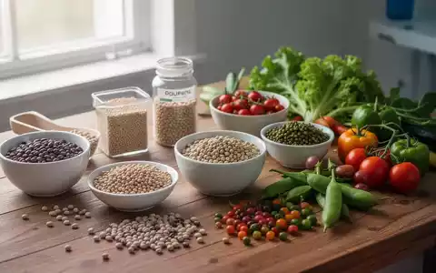Eine Auswahl an gesunden Hülsenfrüchten und Sojaprodukten auf einem Holztisch bei natürlichem Licht. - Foto: über boerse-global.de
