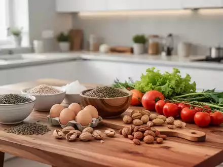 Frische, natürliche Proteinquellen wie Linsen, Eier und Gemüse auf einem Holztisch, die eine ausgewogene Ernährung darstellen. - Foto: über boerse-global.de