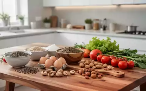 Frische, natürliche Proteinquellen wie Linsen, Eier und Gemüse auf einem Holztisch, die eine ausgewogene Ernährung darstellen. - Foto: über boerse-global.de