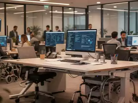 Ein barrierefreier, moderner Büroarbeitsplatz mit ergonomischer Ausstattung in einem professionellen Unternehmensumfeld. - Foto: über boerse-global.de