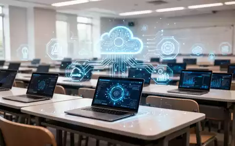 Moderner Hörsaal mit Laptops und digitalen Symbolen für KI und Cloud-Computing. - Foto: über boerse-global.de