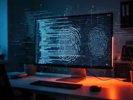 Schwach beleuchteter Büroarbeitsplatz mit Computerbildschirm, digitalem Code und Sicherheitsscan-Elementen. - Foto: über boerse-global.de