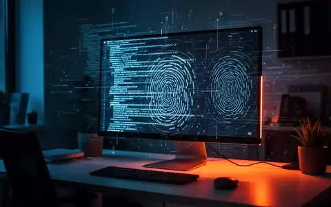 Schwach beleuchteter Büroarbeitsplatz mit Computerbildschirm, digitalem Code und Sicherheitsscan-Elementen. - Foto: über boerse-global.de