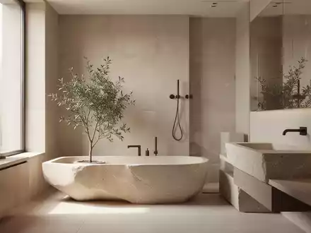 Modernes, minimalistisches Luxusbadezimmer mit sanfter Lichtführung, hellen Naturtönen und einer dezenten Pflanze. - Foto: über boerse-global.de