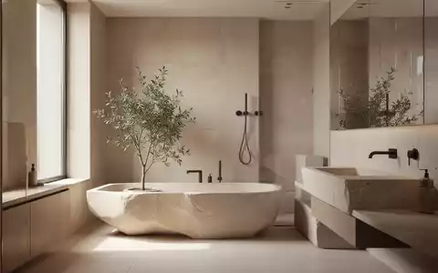Modernes, minimalistisches Luxusbadezimmer mit sanfter Lichtführung, hellen Naturtönen und einer dezenten Pflanze. - Foto: über boerse-global.de