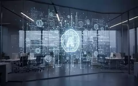 Digitale Datenstruktur auf einer Glaswand als Symbol für KI-Regulierung und Datensicherheit in einem modernen Büro. - Foto: über boerse-global.de