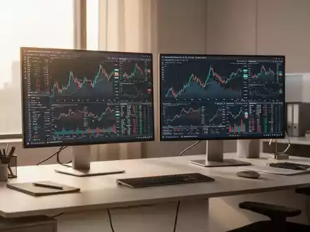Moderner Büroarbeitsplatz mit Monitoren, die komplexe Wirtschaftsdaten und Diagramme anzeigen. - Foto: über boerse-global.de