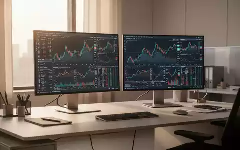 Moderner Büroarbeitsplatz mit Monitoren, die komplexe Wirtschaftsdaten und Diagramme anzeigen. - Foto: über boerse-global.de