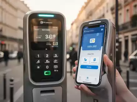 Smartphone mit digitaler Geldbörse-App bezahlt an modernem städtischen Parkautomaten in europäischer Stadt. - Foto: über boerse-global.de