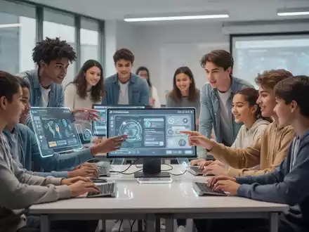 Vielfältige Studierende nutzen digitale Lerntechnologie in einem modernen, professionellen Klassenzimmer. - Foto: über boerse-global.de