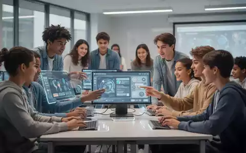 Vielfältige Studierende nutzen digitale Lerntechnologie in einem modernen, professionellen Klassenzimmer. - Foto: über boerse-global.de