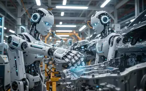 Ein humanoider Roboter arbeitet an einer automatisierten Autolinie in einer modernen Hightech-Fabrik. - Foto: über boerse-global.de