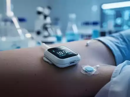 Ein moderner Glukosesensor am Arm vor einem medizinischen Forschungshintergrund. - Foto: über boerse-global.de