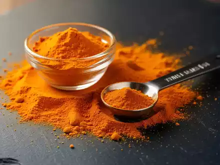 Nahaufnahme von leuchtend orangefarbenem Kurkumapulver auf einer dunklen Schieferplatte mit einem Dosierlöffel. - Foto: über boerse-global.de