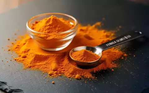 Nahaufnahme von leuchtend orangefarbenem Kurkumapulver auf einer dunklen Schieferplatte mit einem Dosierlöffel. - Foto: über boerse-global.de