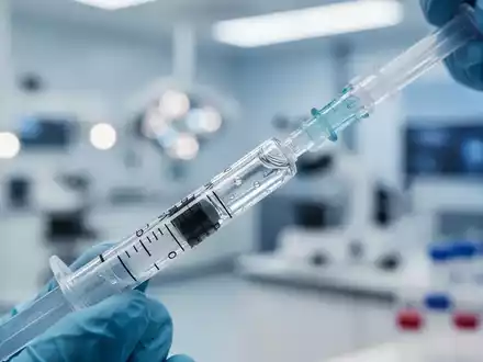 Medizinische Spritze und Laborausrüstung im Hintergrund als Symbol für regenerative Gelenktherapie. - Foto: über boerse-global.de