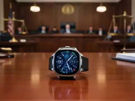 Moderne Smartwatch auf Schreibtisch mit unscharfem Gerichtssaal-Hintergrund, der einen Patentrechtsstreit darstellt. - Foto: über boerse-global.de