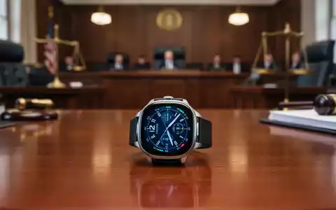 Moderne Smartwatch auf Schreibtisch mit unscharfem Gerichtssaal-Hintergrund, der einen Patentrechtsstreit darstellt. - Foto: über boerse-global.de