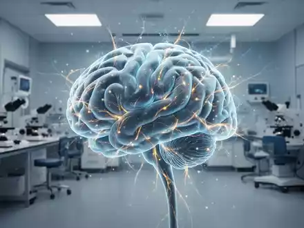 Abstrakte Darstellung eines menschlichen Gehirns mit leuchtenden neuronalen Verbindungen vor einem medizinischen Hintergrund. - Foto: über boerse-global.de