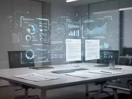 Moderner Schreibtisch mit abstrakter digitaler Oberfläche für KI-gestützte Finanzdokumenten-Automatisierung. - Foto: über boerse-global.de