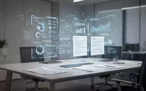 Moderner Schreibtisch mit abstrakter digitaler Oberfläche für KI-gestützte Finanzdokumenten-Automatisierung. - Foto: über boerse-global.de