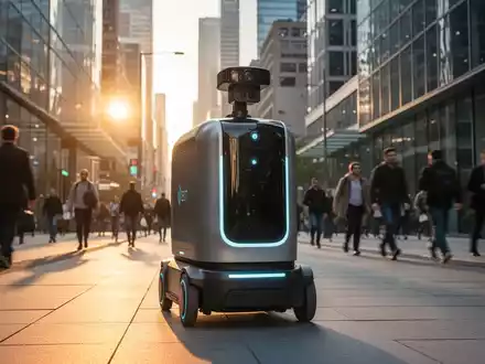 Autonomer Lieferroboter auf belebter Gehsteig in urbaner Metropole. - Foto: über boerse-global.de