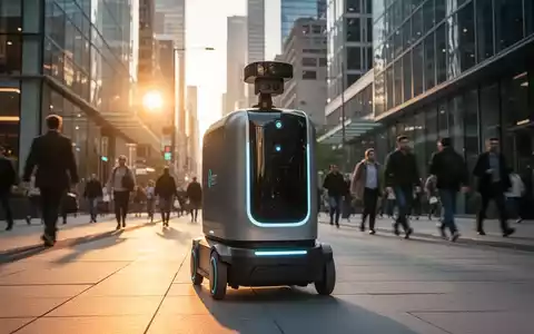 Autonomer Lieferroboter auf belebter Gehsteig in urbaner Metropole. - Foto: über boerse-global.de