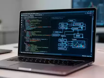 Nahaufnahme eines Laptops mit Virtualisierungssoftware und Systemarchitektur-Diagrammen in einer professionellen Büroumgebung. - Foto: über boerse-global.de