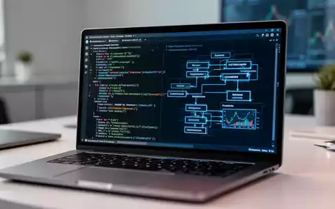 Nahaufnahme eines Laptops mit Virtualisierungssoftware und Systemarchitektur-Diagrammen in einer professionellen Büroumgebung. - Foto: über boerse-global.de