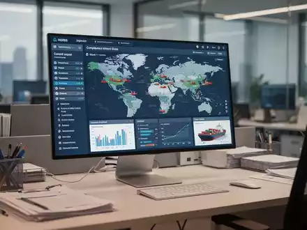 Moderner Büroarbeitsplatz mit digitalem Logistik-Dashboard zur Überwachung von Zoll- und Compliance-Prozessen. - Foto: über boerse-global.de