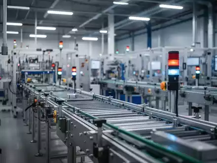 Moderne industrielle Förderanlage mit Sicherheitstechnik in einer Produktionshalle. - Foto: über boerse-global.de
