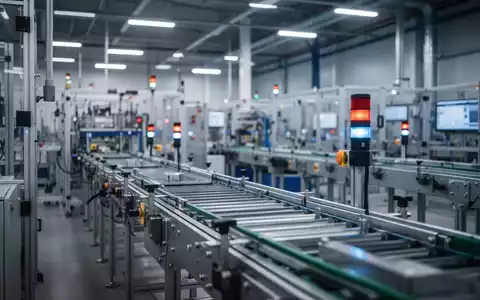 Moderne industrielle Förderanlage mit Sicherheitstechnik in einer Produktionshalle. - Foto: über boerse-global.de