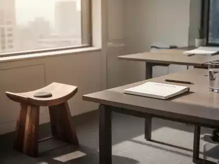 Minimalistischer Büroarbeitsplatz mit Meditationshocker und Tageslicht, der eine Atmosphäre von Fokus und Ruhe ausstrahlt. - Foto: über boerse-global.de