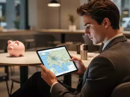 Eine junge Person betrachtet Reisekarten auf einem Tablet in einem modernen Café, während im Hintergrund ein Sparschwein steht. - Foto: über boerse-global.de