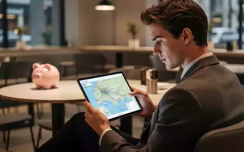 Eine junge Person betrachtet Reisekarten auf einem Tablet in einem modernen Café, während im Hintergrund ein Sparschwein steht. - Foto: über boerse-global.de