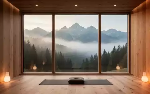 Ein minimalistischer Meditationsraum mit Blick auf die nebligen Alpen bei sanftem Morgenlicht. - Foto: über boerse-global.de