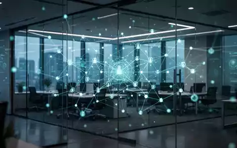 Moderner Büroraum mit leuchtendem digitalem Netzwerk-Overlay für KI-Agenten-Integration - Foto: über boerse-global.de
