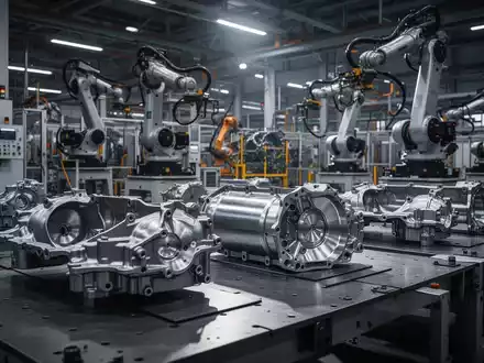 Industrielle Fertigungshalle in einem Automobilzulieferwerk mit metallischen Bauteilen und Maschinen im Hintergrund. - Foto: über boerse-global.de