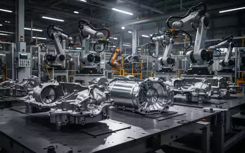 Industrielle Fertigungshalle in einem Automobilzulieferwerk mit metallischen Bauteilen und Maschinen im Hintergrund. - Foto: über boerse-global.de
