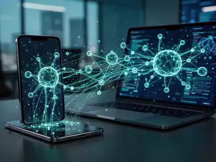 Abstrakte Darstellung von Datenströmen und digitalen Netzwerken auf einem Laptop-Bildschirm als Symbol für KI-Sichtbarkeit. - Foto: über boerse-global.de