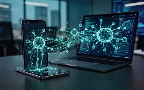 Abstrakte Darstellung von Datenströmen und digitalen Netzwerken auf einem Laptop-Bildschirm als Symbol für KI-Sichtbarkeit. - Foto: über boerse-global.de