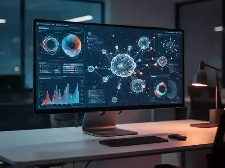 Moderner Büroarbeitsplatz mit einem Monitor, der abstrakte Datenvisualisierungen und neuronale Netzwerke zeigt. - Foto: über boerse-global.de
