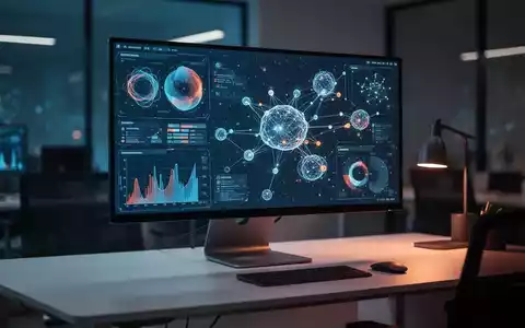 Moderner Büroarbeitsplatz mit einem Monitor, der abstrakte Datenvisualisierungen und neuronale Netzwerke zeigt. - Foto: über boerse-global.de