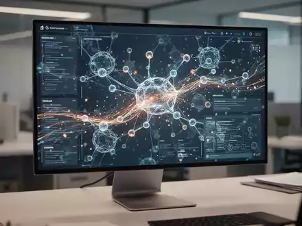 Moderne digitale Benutzeroberfläche mit abstrakten Datenströmen und neuronalen Netzwerkknoten auf einem Computermonitor. - Foto: über boerse-global.de