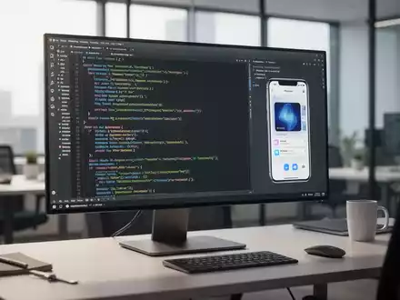 Entwickler-Arbeitsplatz mit Code auf einem Bildschirm neben einem iOS-Simulator, der eine mobile App ausführt. - Foto: über boerse-global.de