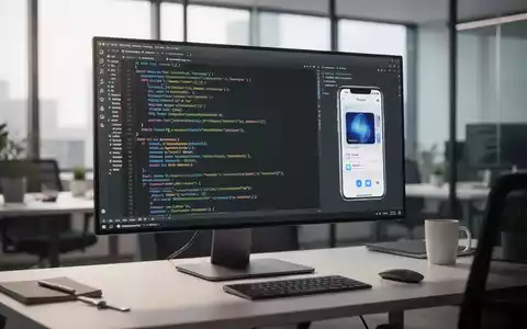 Entwickler-Arbeitsplatz mit Code auf einem Bildschirm neben einem iOS-Simulator, der eine mobile App ausführt. - Foto: über boerse-global.de