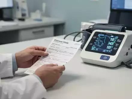 Ein Kardiologe im Beratungsgespräch mit einem digitalen Blutdruckmessgerät im Hintergrund. - Foto: über boerse-global.de
