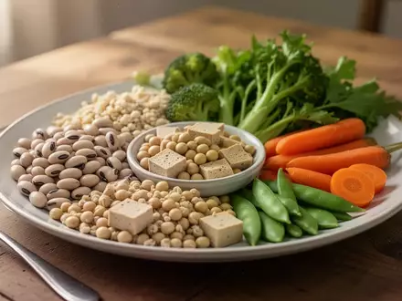 Gesunde Mahlzeit mit Hülsenfrüchten und Sojaprodukten auf einem Holztisch als Konzept für Ernährungstherapie bei COPD. - Foto: über boerse-global.de
